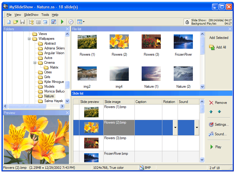 MySlideShow is slideshow software for creating slide shows and photo albums. The program allows you to add captions, music, transition effects. You can create executable and video files, burn video CD/DVD and publish web galleries.
